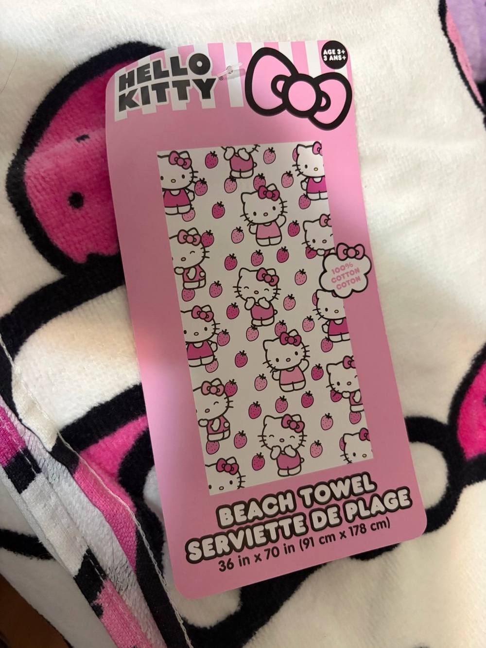 Hello Kitty Pink & White Cotton Beach Towel with Strawberry Print
